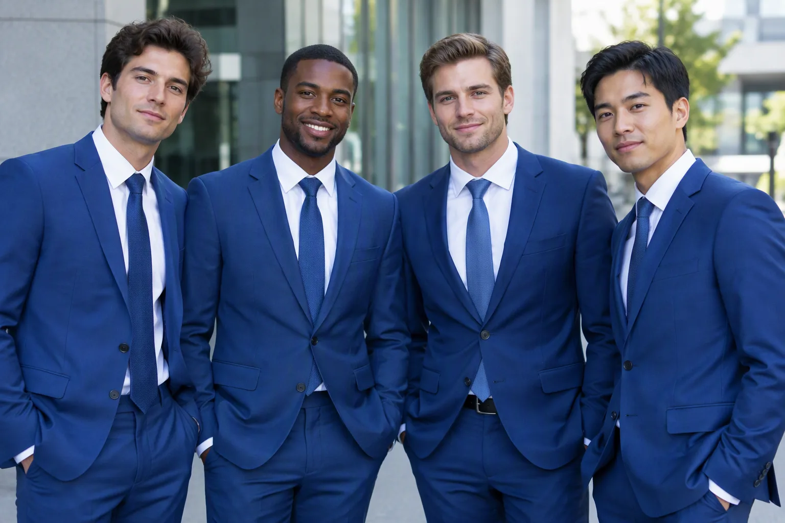 A small team of home services technicians in plain navy work shirts standing together outside a well-kept suburban home, relaxed and not posed, one navy service van visible just behind them